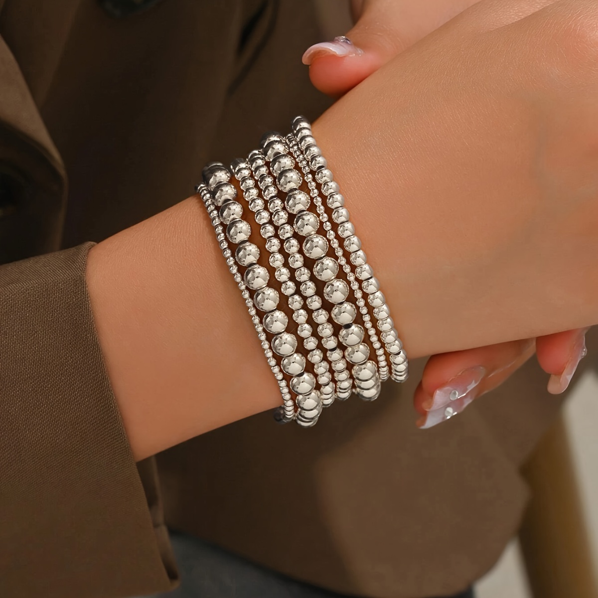 Simple Multi-Size Handmade Beaded Elastic Cord Bracelet Set, 7pcs